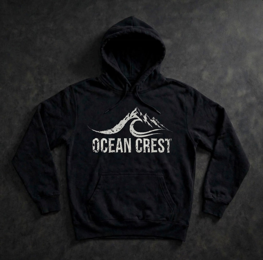 Black pullover hoodie with white distressed OCEAN CREST graphic.