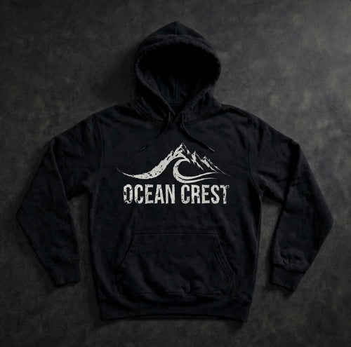 Black pullover hoodie with white distressed OCEAN CREST graphic.